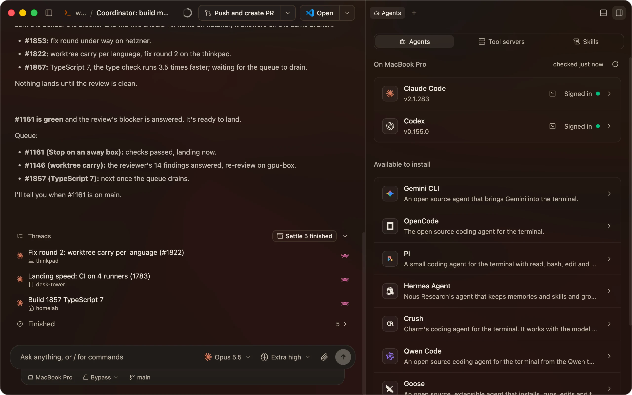 The Agents pane: Claude Code and Codex signed in, and Gemini CLI, OpenCode, Pi, Hermes, Crush and more in the catalog.