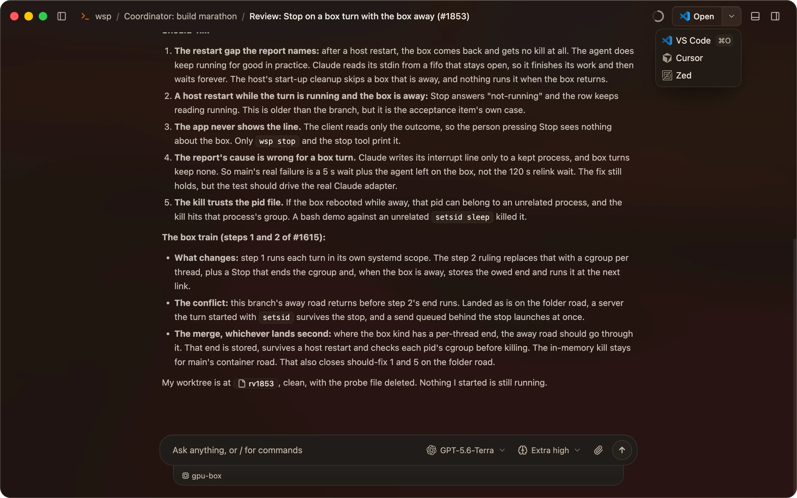 The Open menu on a Codex thread that runs on gpu-box, offering VS Code, Cursor and Zed.