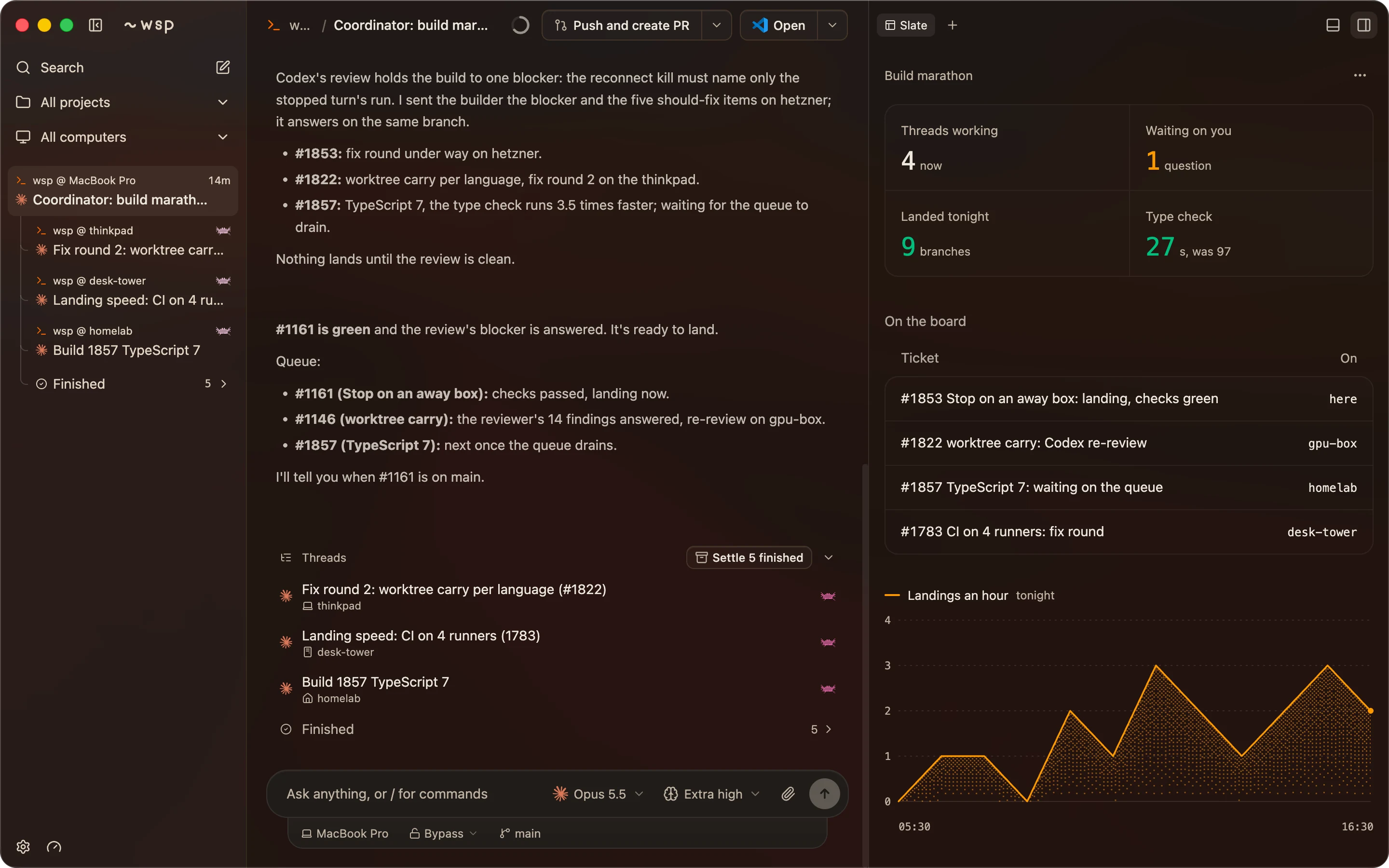 The wsp app: a coordinator thread on a MacBook Pro has handed its tickets to Claude Code and Codex threads on five computers, with its board of the night's landings in the slate beside it.