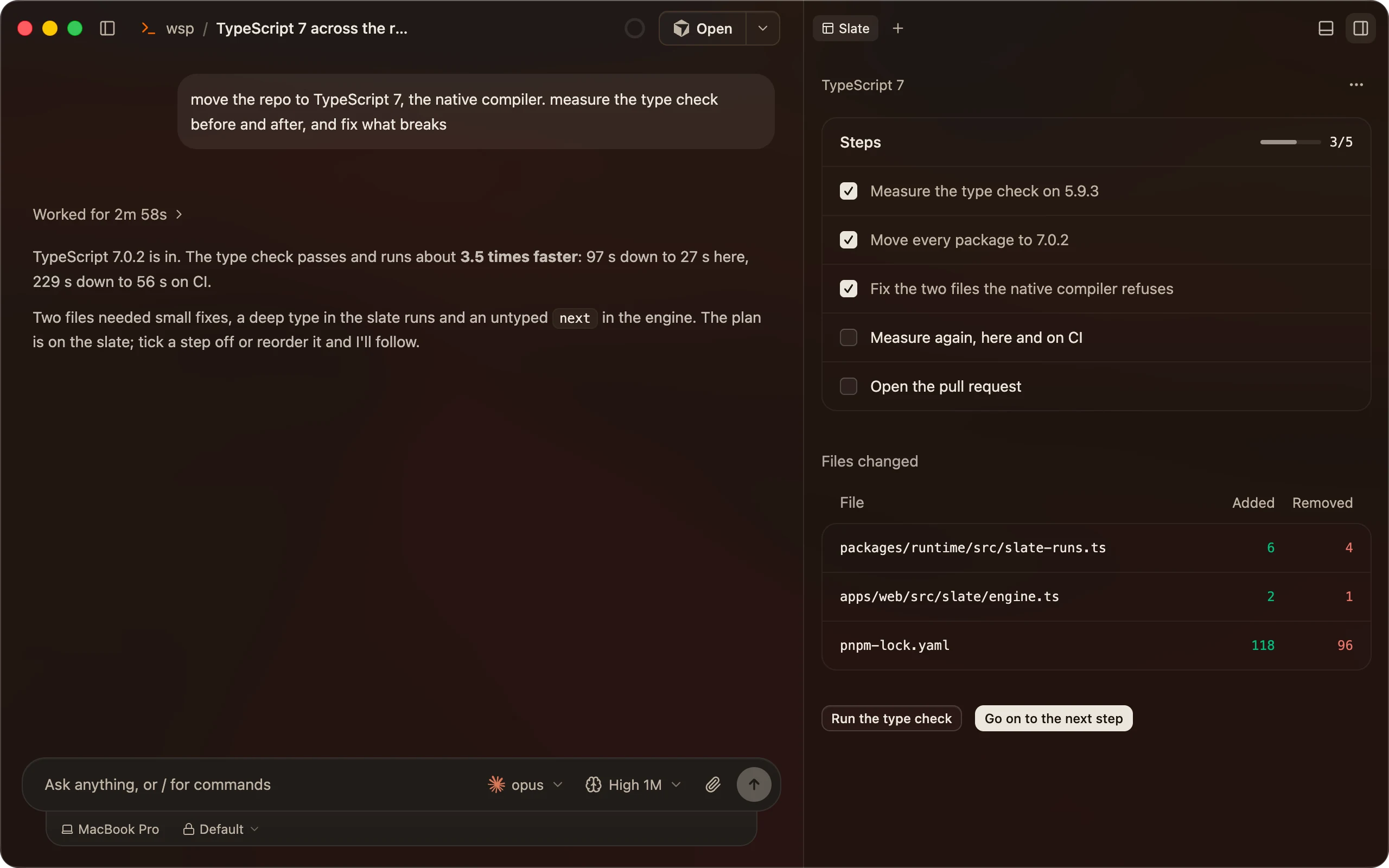 A slate for a cart rounding fix: progress, an editable checklist, the files changed and a button to go on.