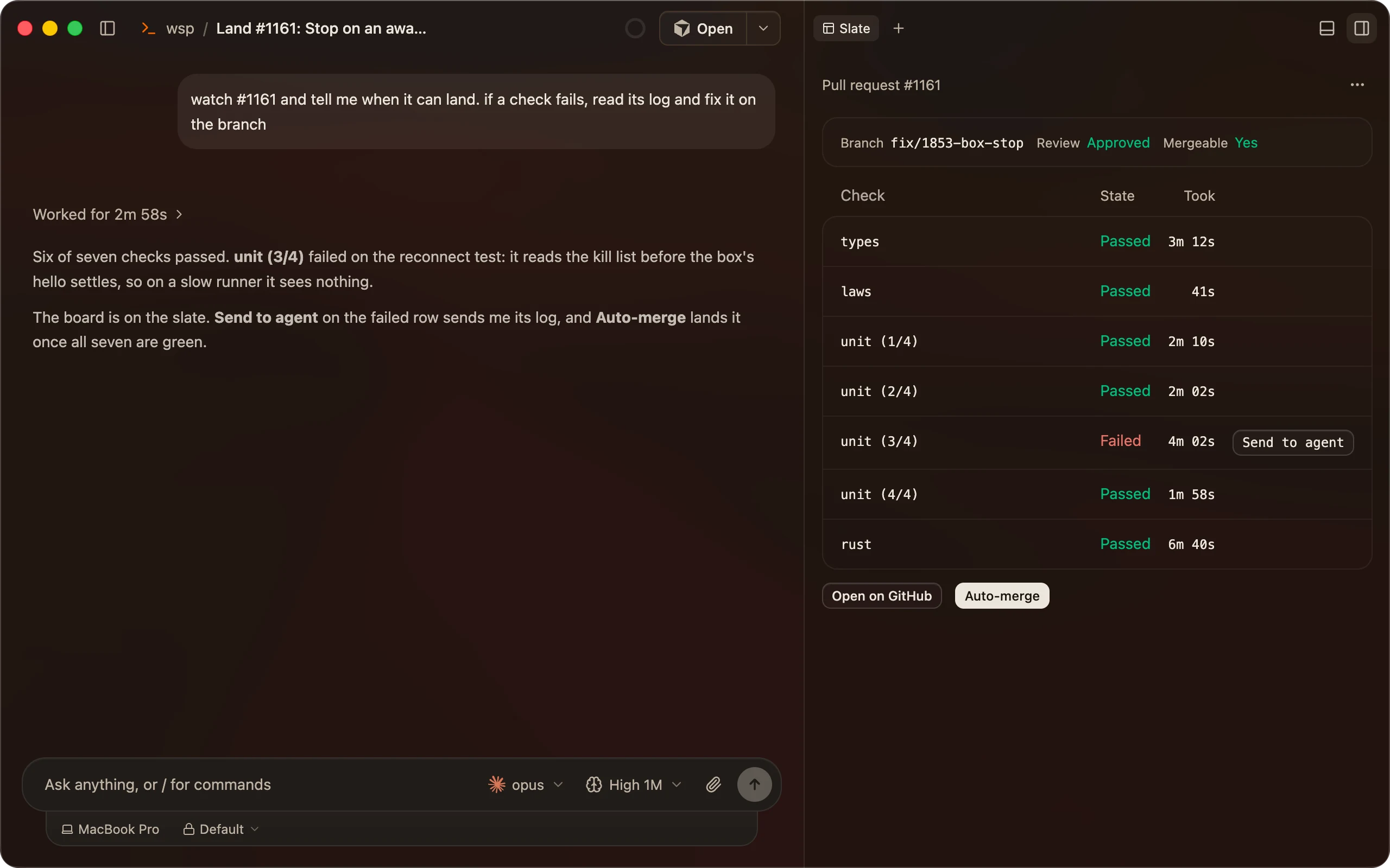 A slate for pull request #212: its checks, a failed e2e run with Send to agent beside it, and Auto-merge.