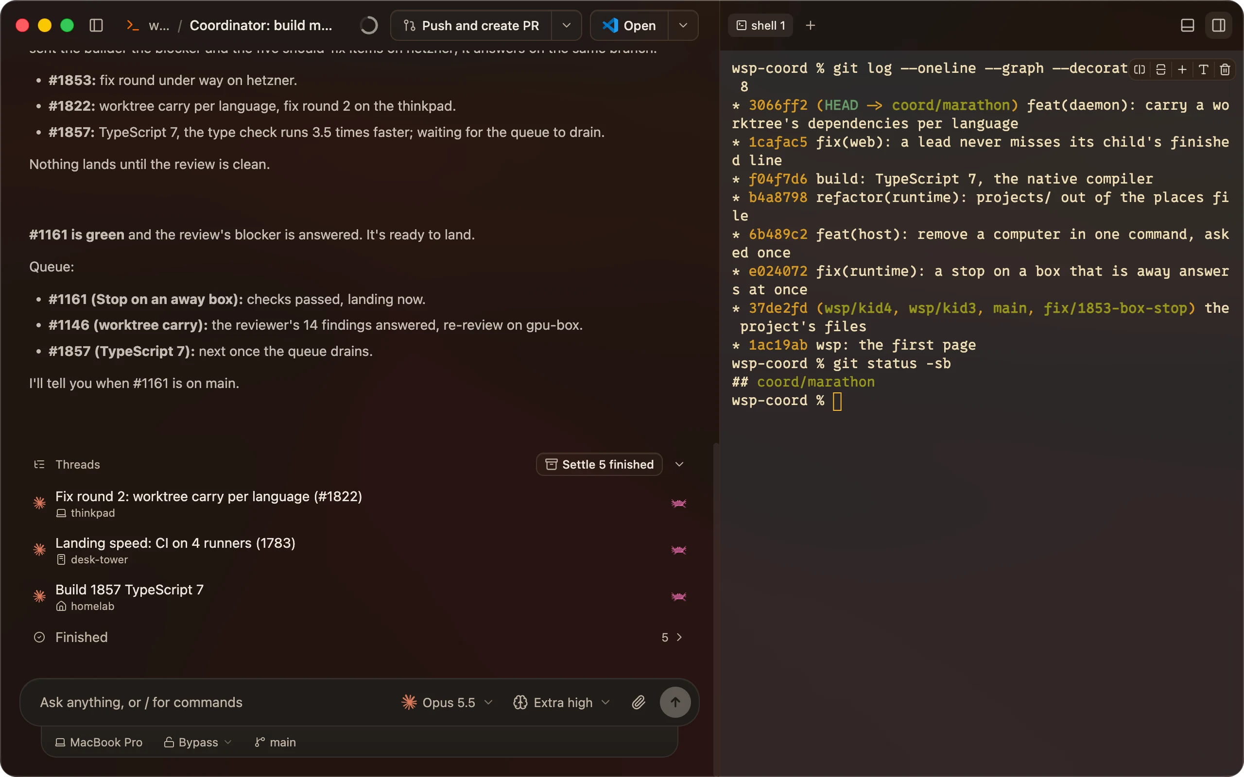 A thread with its terminal open in the colours from the person's Ghostty config, showing git log for the branch.