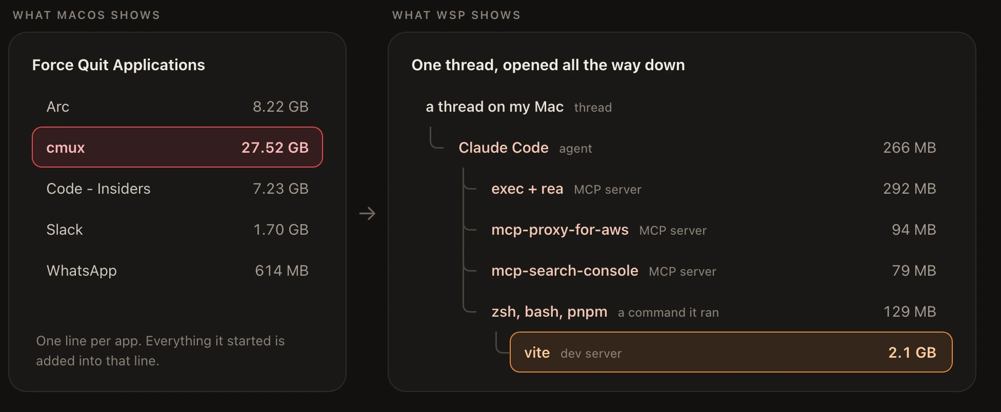 Left, the force quit window: one line per app, with cmux at 27.52 GB. Right, wsp: one thread opened down to Claude Code, its MCP servers, and a vite dev server at 2.1 GB
