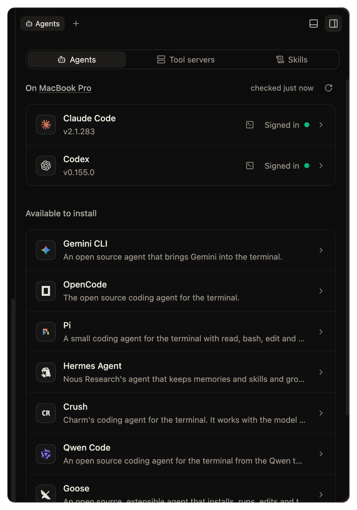 The Agents pane: the agents on this computer with their versions and sign-in states, and the agents available to install