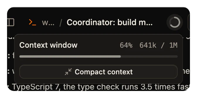 The context ring open, with the share of the window used and the token count.