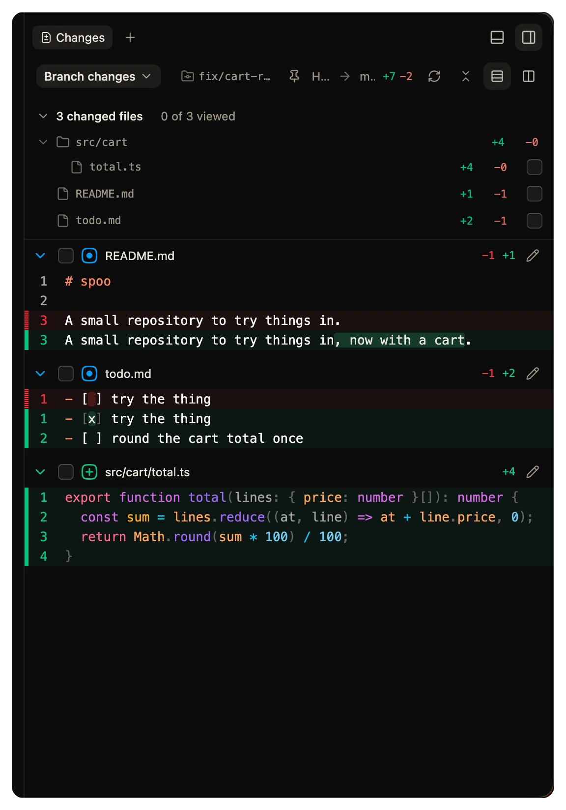 The Changes pane: the changed files as a tree and a split diff.