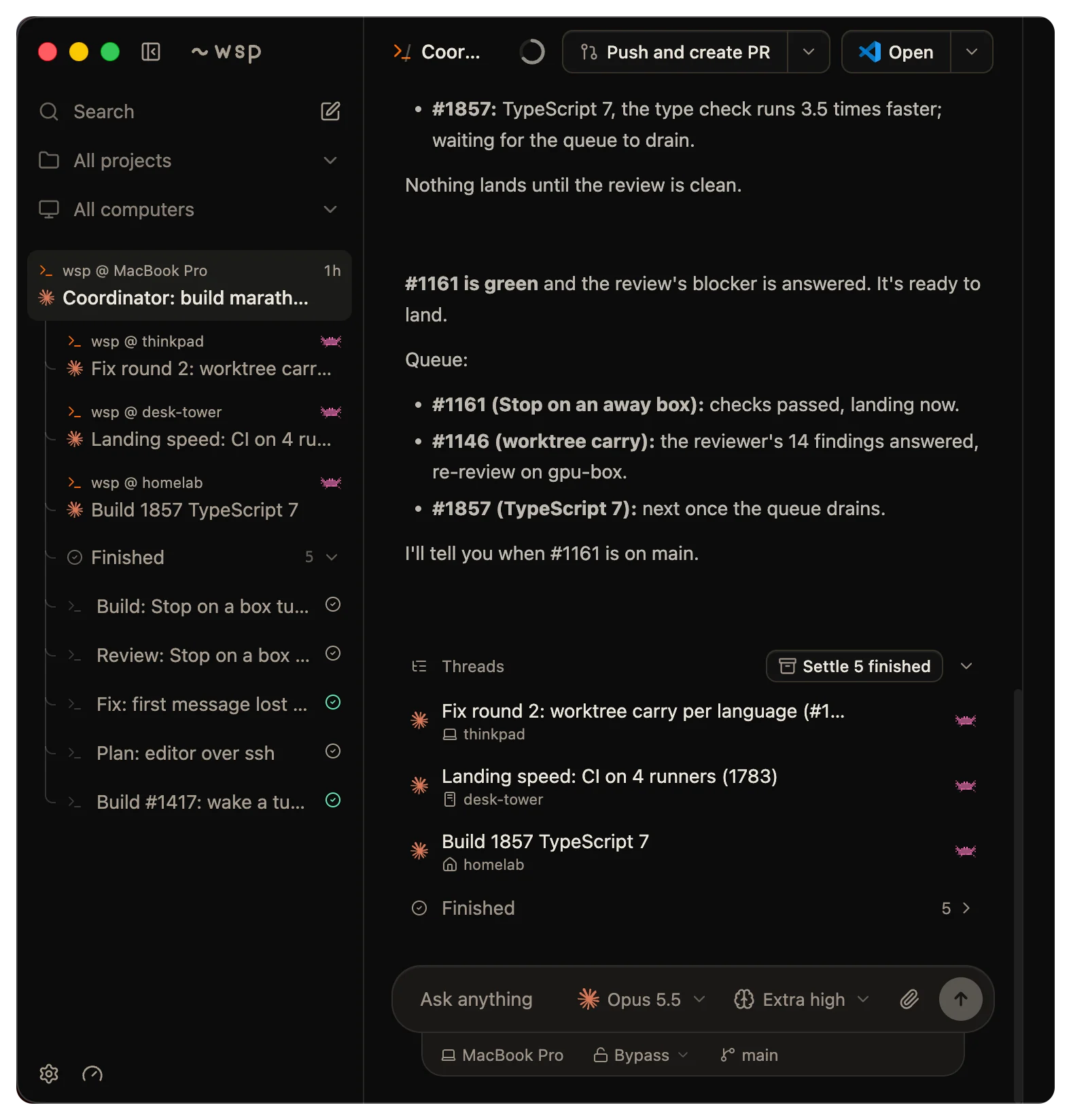 The sidebar with a lead and its sub-threads, beside the lead's thread: its transcript, and the composer below it with the model and effort pickers