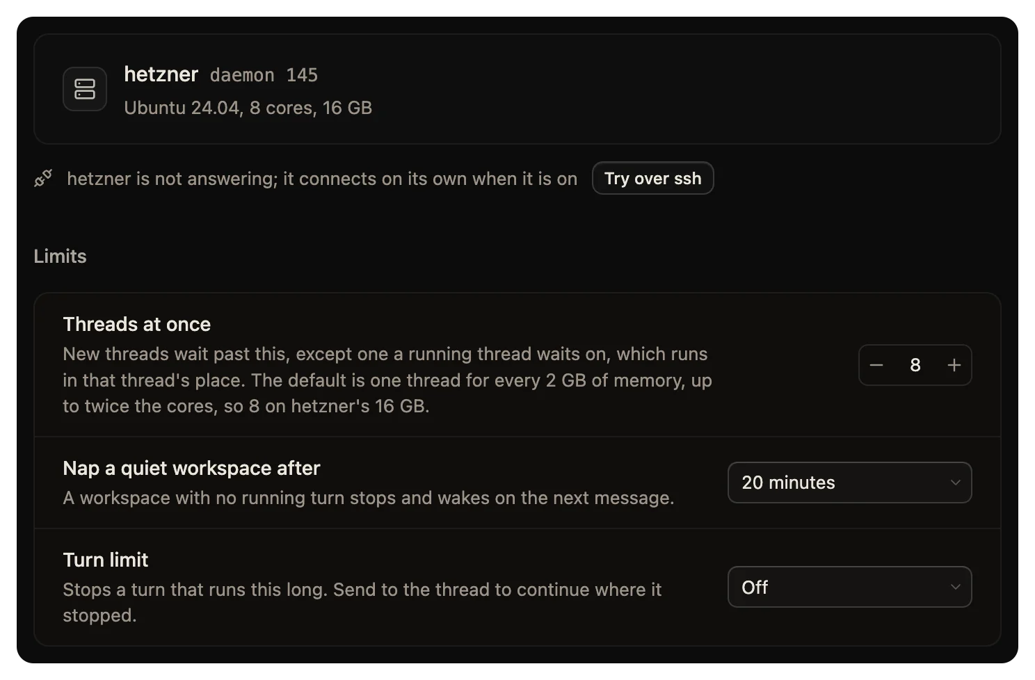 The top of a computer's own page: its name and system, whether it answers, and its limits