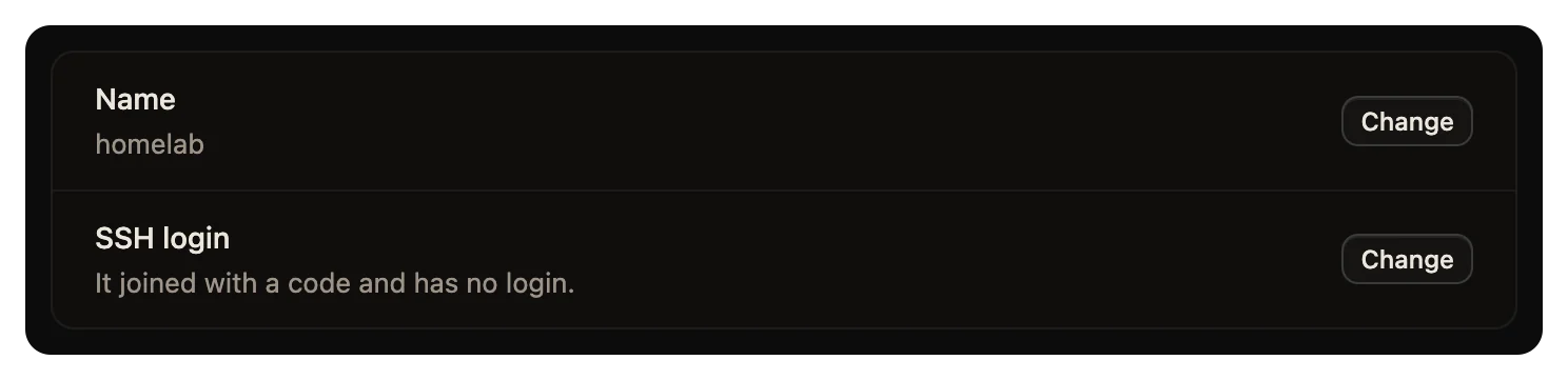 The Name and SSH login rows of a computer that joined with a code: It joined with a code and has no login.