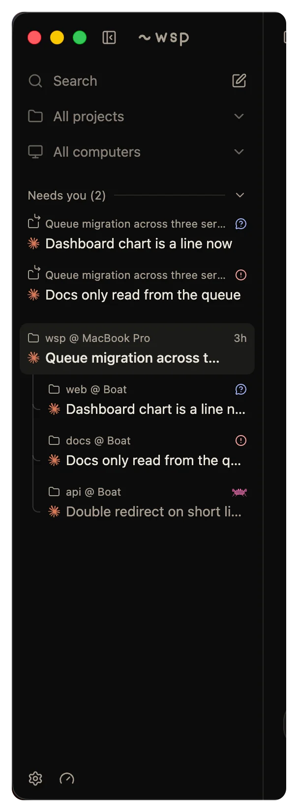 The sidebar's Needs you section with two sub-threads, each with its arrow mark