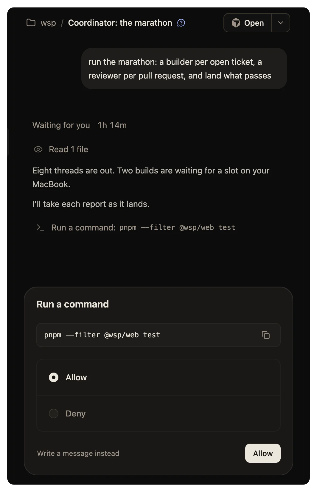 A permission prompt in place of the composer: the command the agent wants to run, with Allow and Deny