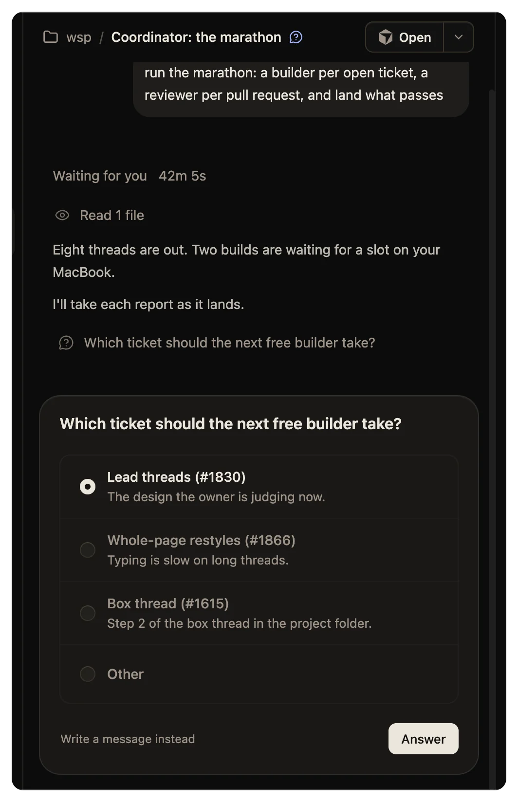 A question card in place of the composer: a question, its choices, and Other with a field to type an answer