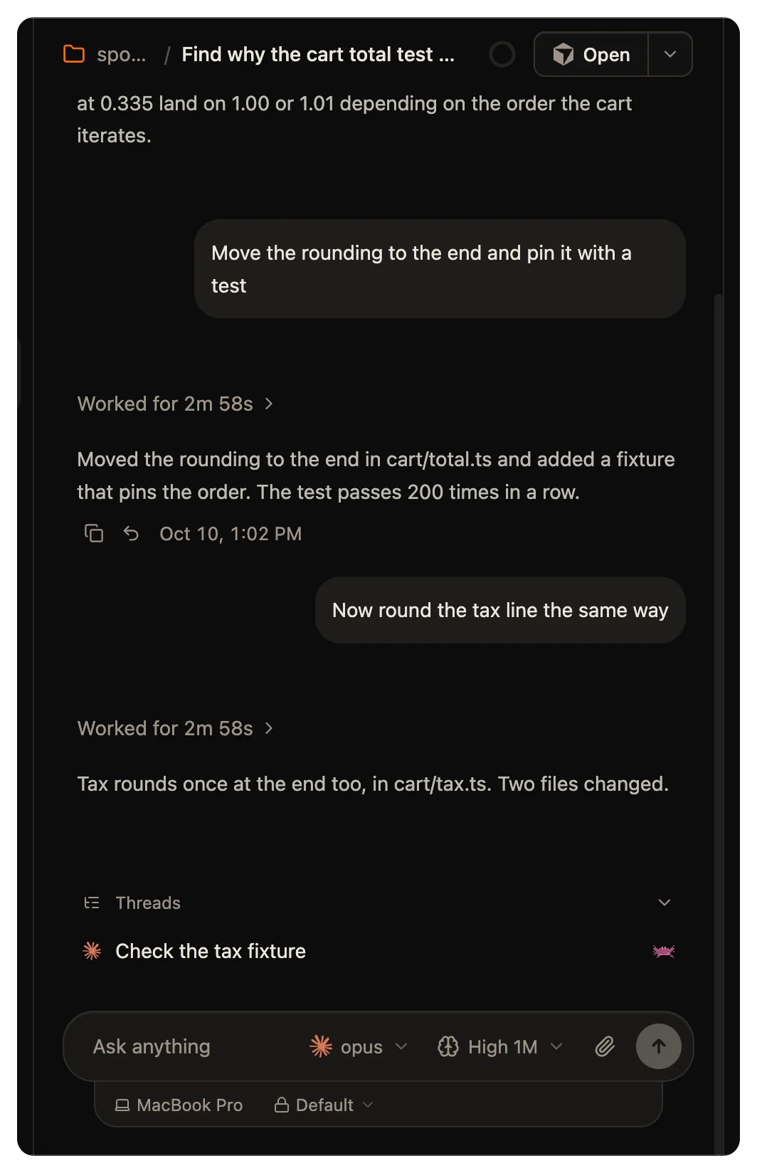 A thread of three turns, with the Rewind to here button under an earlier reply.