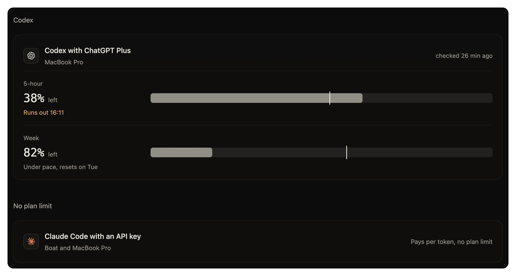 The Limits tab: each account's plan windows and what is left.