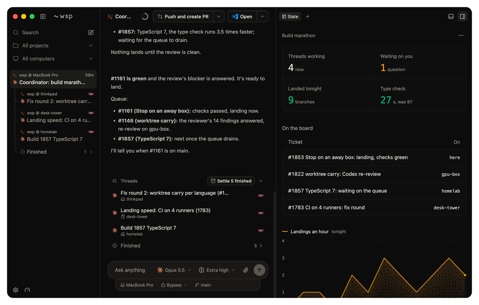 The wsp app on a MacBook Pro. A lead thread handed its tickets to Claude Code and Codex threads on five computers. Its slate beside it shows the night's landings.
