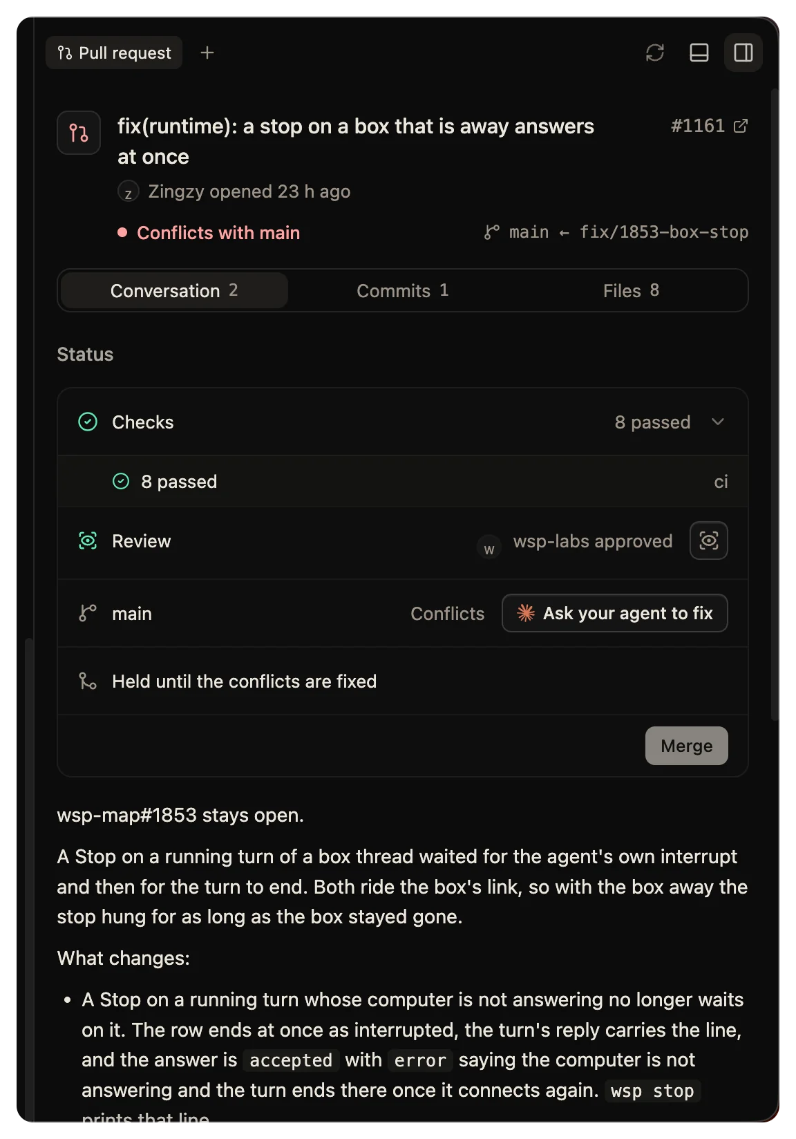 The Pull request pane: an approved pull request with its checks passed, ready to merge.