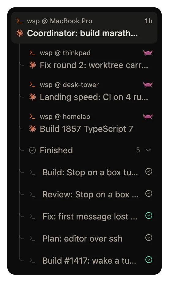 A lead's row in the sidebar with its three working sub-threads under it, and its Finished fold open on five more