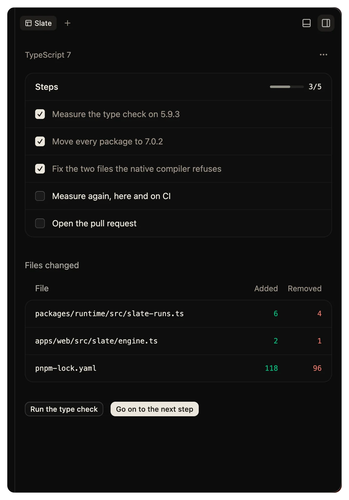 A slate for a cart rounding fix: progress, an editable checklist, the files changed and a button to go on.