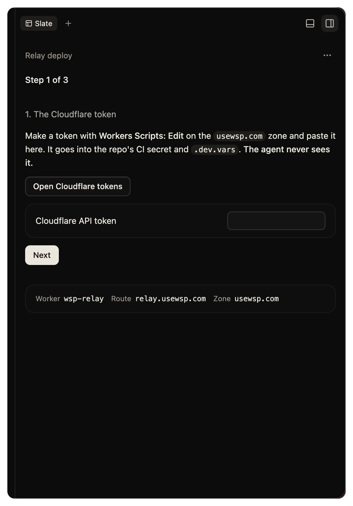 A slate walking through a Vercel deploy setup, with a password field for a token the agent never sees.
