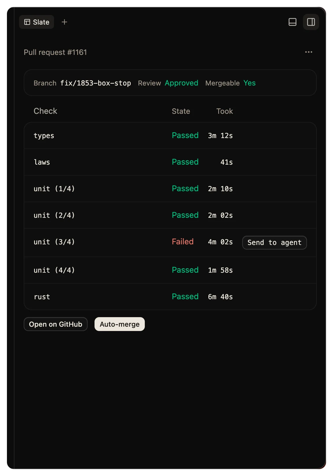 A slate for pull request #212: its checks, a failed e2e run with Send to agent beside it, and Auto-merge.