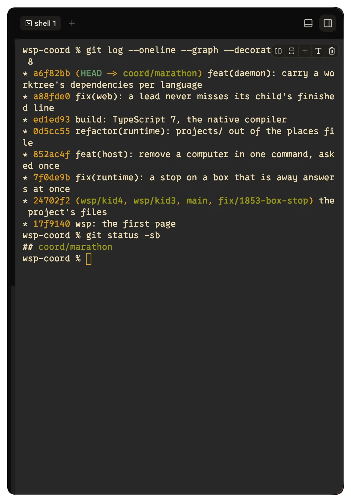 The terminal pane in the person's Ghostty colors, showing git log --graph.