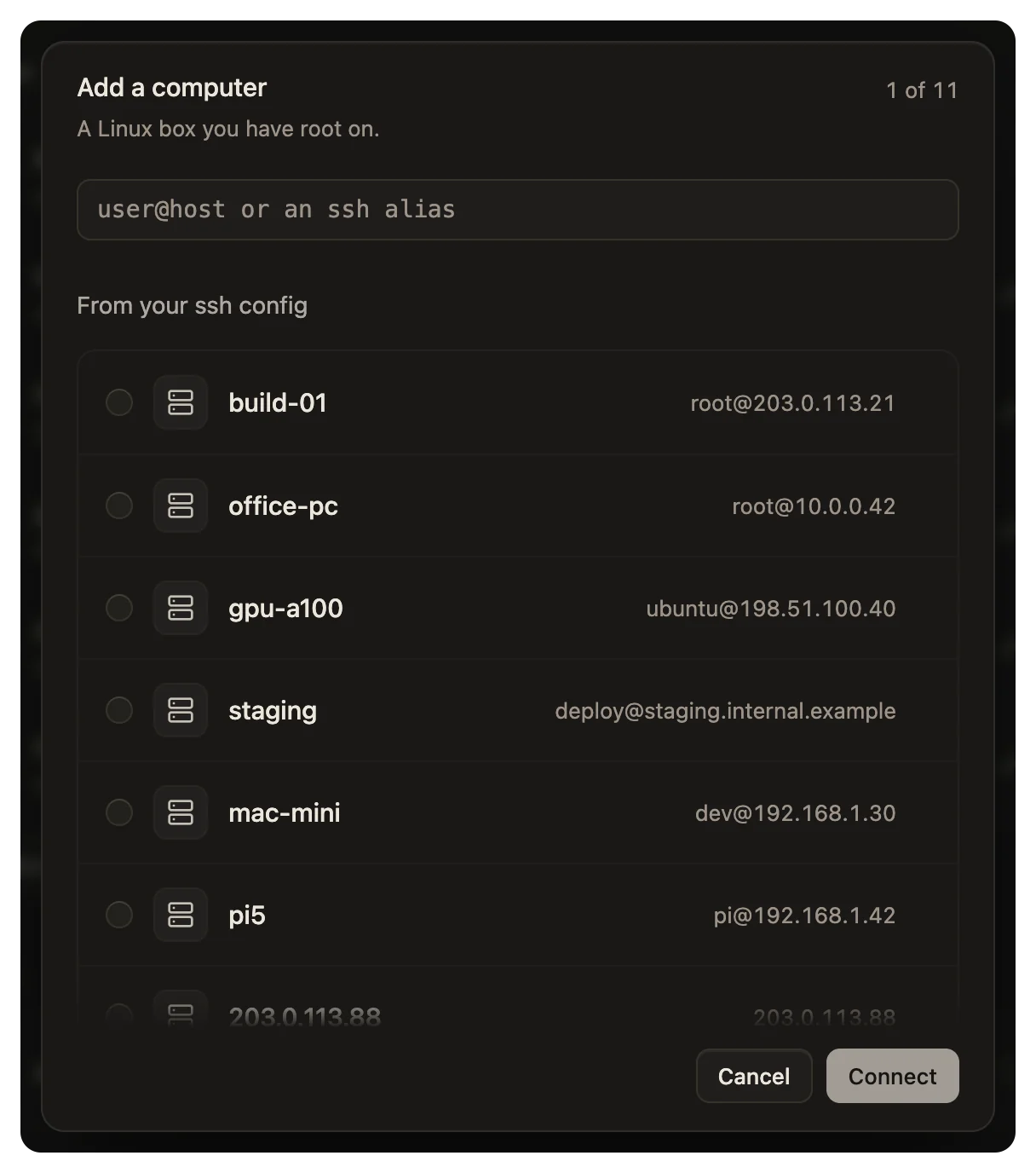 The Add a computer dialog: a field for user@host or an SSH alias, and the hosts from the SSH configuration below it.