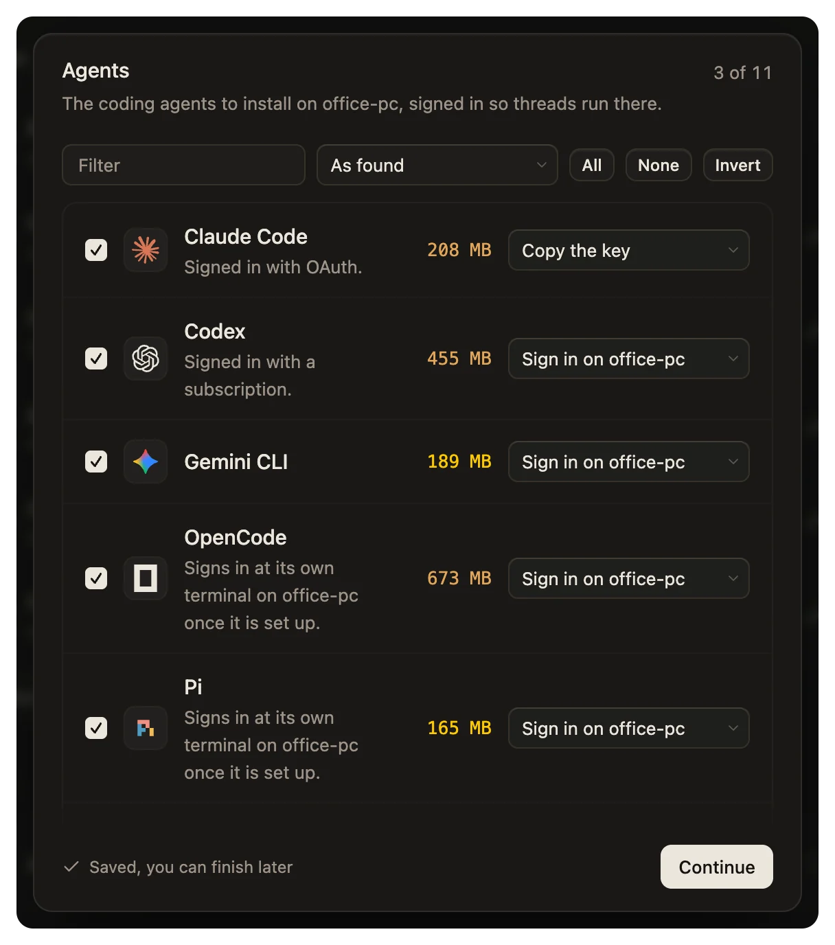 The Agents step of Add a computer: the coding agents to install, each with how it signs in on the new computer.