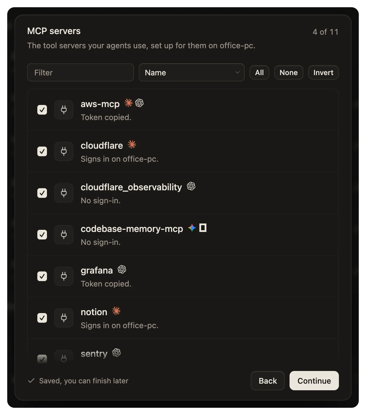 The MCP servers step: the tool servers your agents use, each with how it signs in