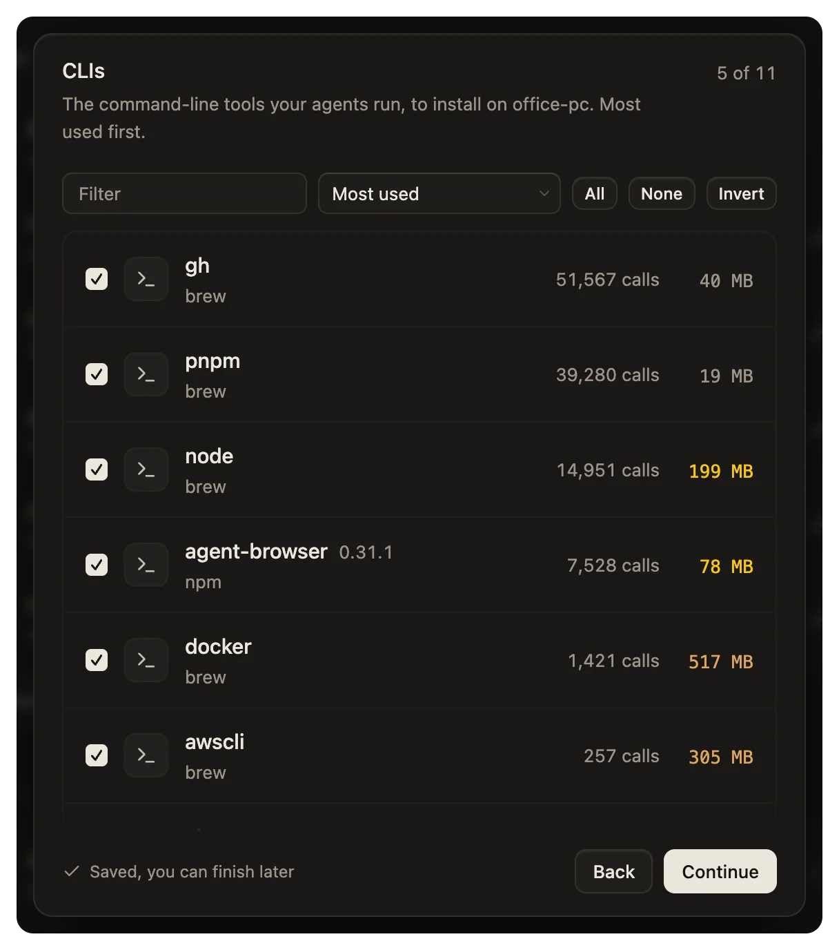 The CLIs step: the command-line tools your agents ran, most used first, with their counts