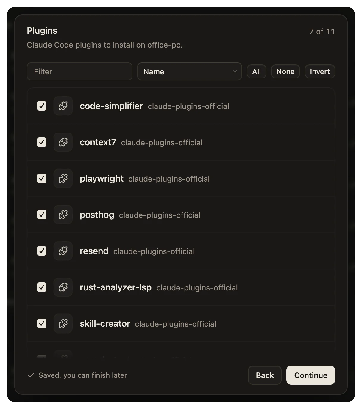 The Plugins step: Claude Code plugins to install