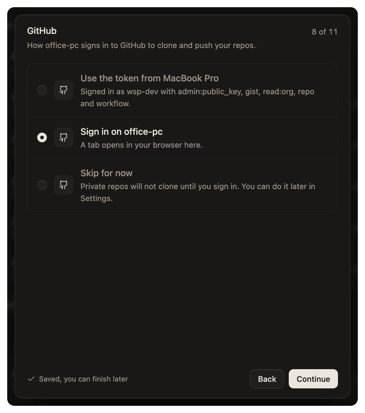 The GitHub step: use the token from your computer, sign in on the new one, or skip for now