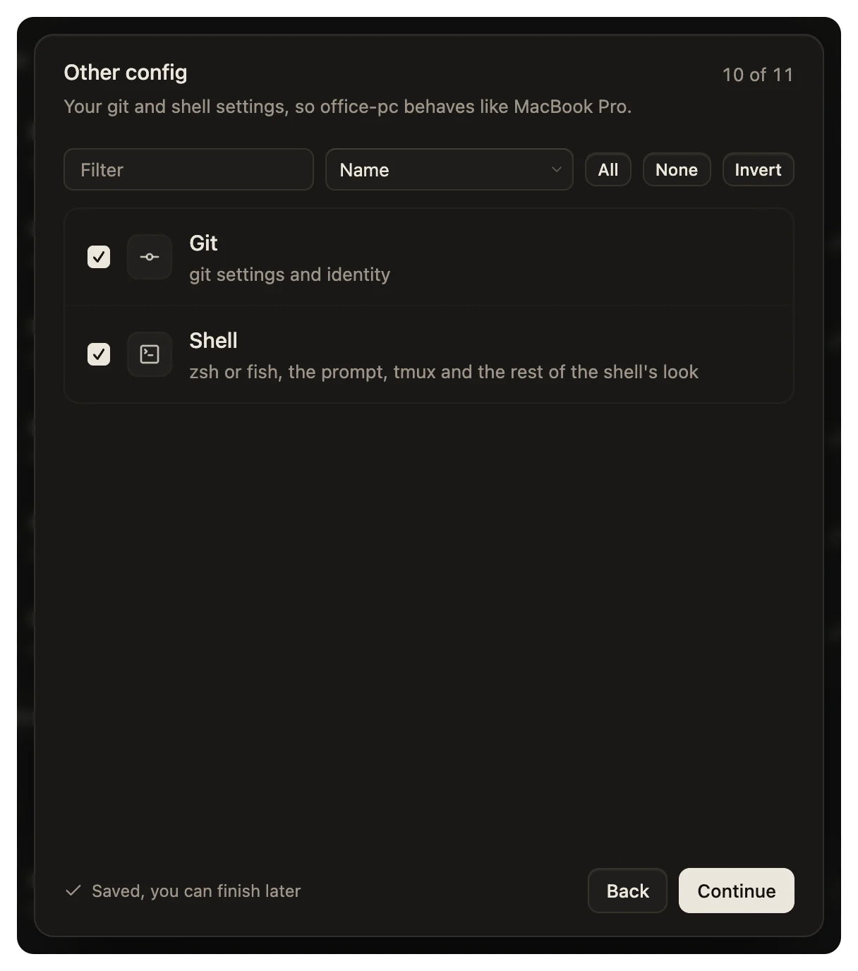 The Other config step: git settings and shell settings