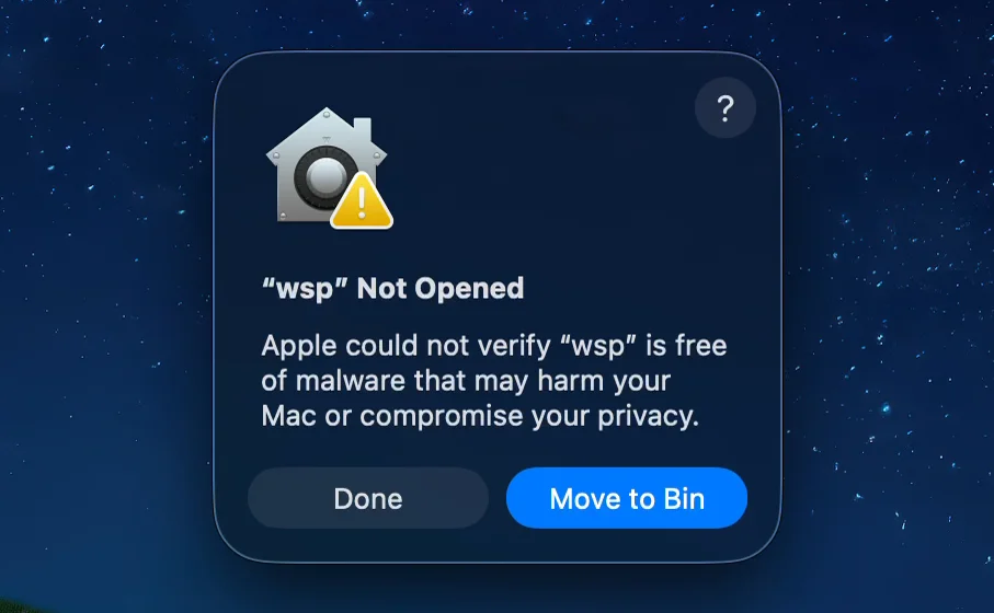 The macOS prompt "wsp" Not Opened, with Done and Move to Bin