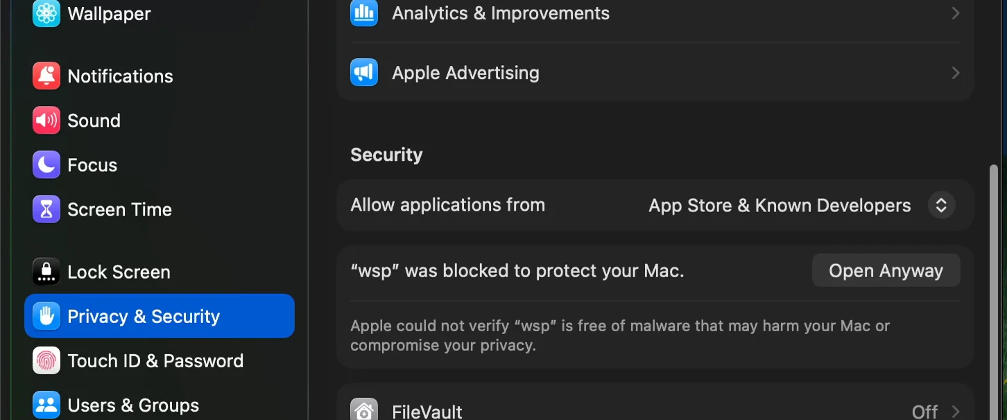 System Settings, Privacy & Security: "wsp" was blocked to protect your Mac, with Open Anyway