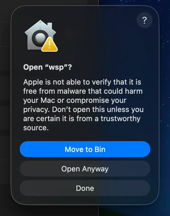 The prompt Open "wsp"?, with Move to Bin, Open Anyway and Done