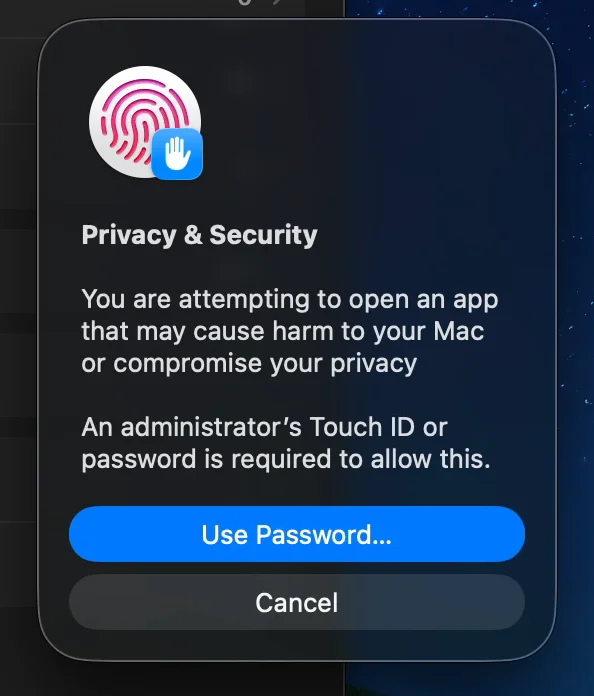 The prompt asking for Touch ID or your password to allow wsp